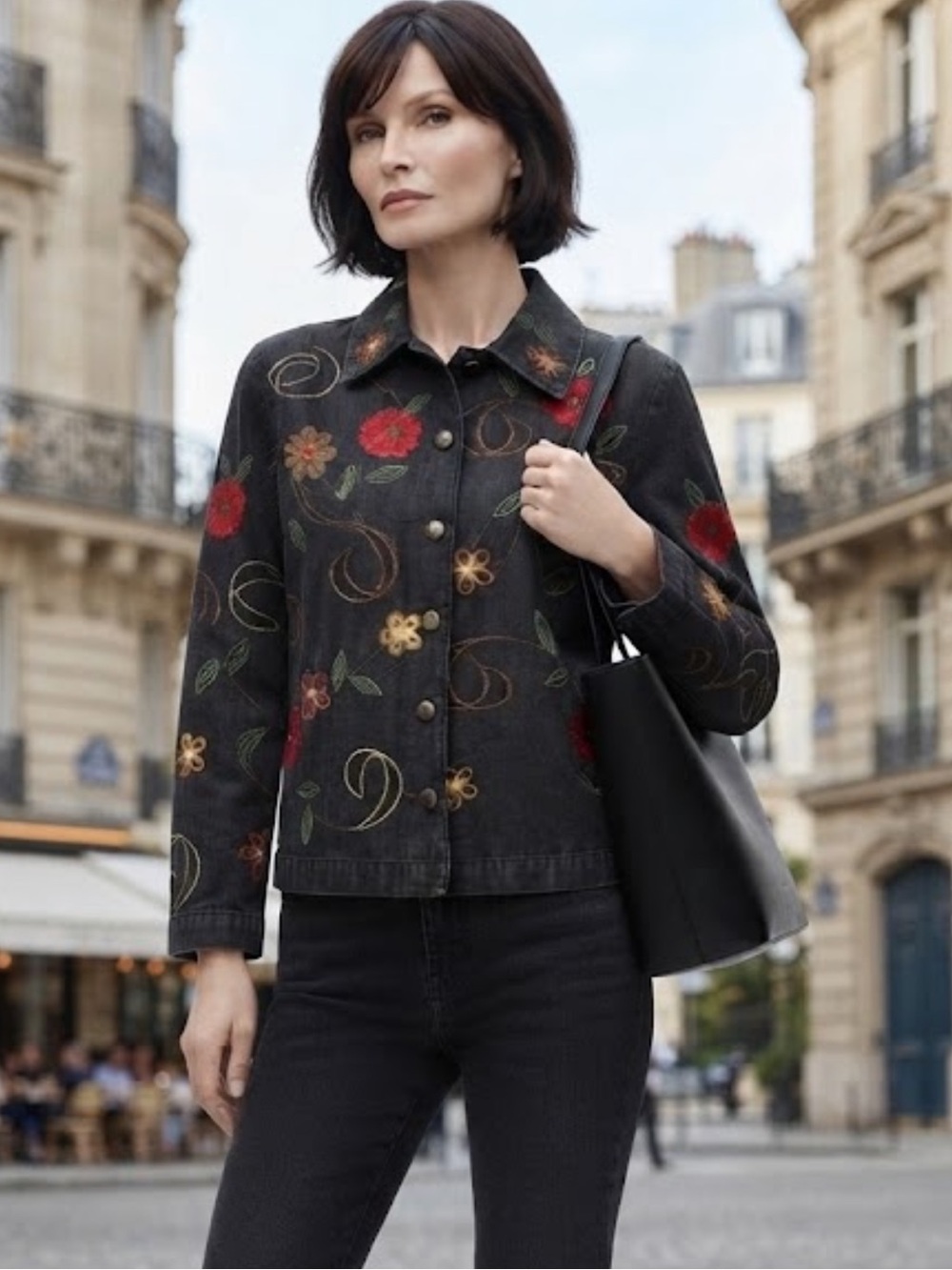NWOT Parisian Works Vintage Dark Denim Jacquard Floral Jacket 100% Cotton